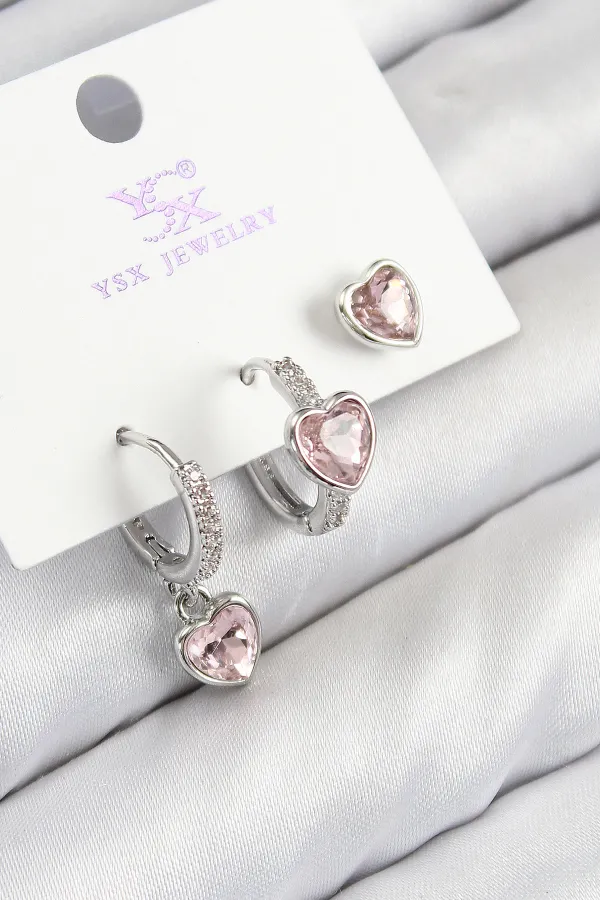 Pirinç Zirkon Taşlı 3'lü Pembe Kalp Model Gümüş Renk Kadın Küpe