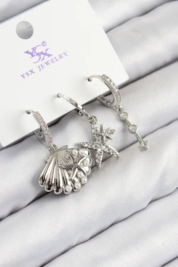 Pirinç Zirkon Taşlı 3'lü Yıldız Ve İstiridye Model Gümüş Renk Kadın Küpe