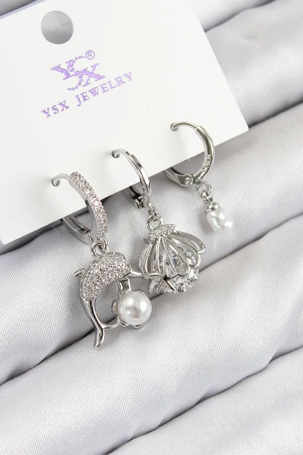 Pirinç Zirkon Taşlı 3'lü Yunus Balığı Ve İstiridye Model Gümüş Renk Kadın Küpe