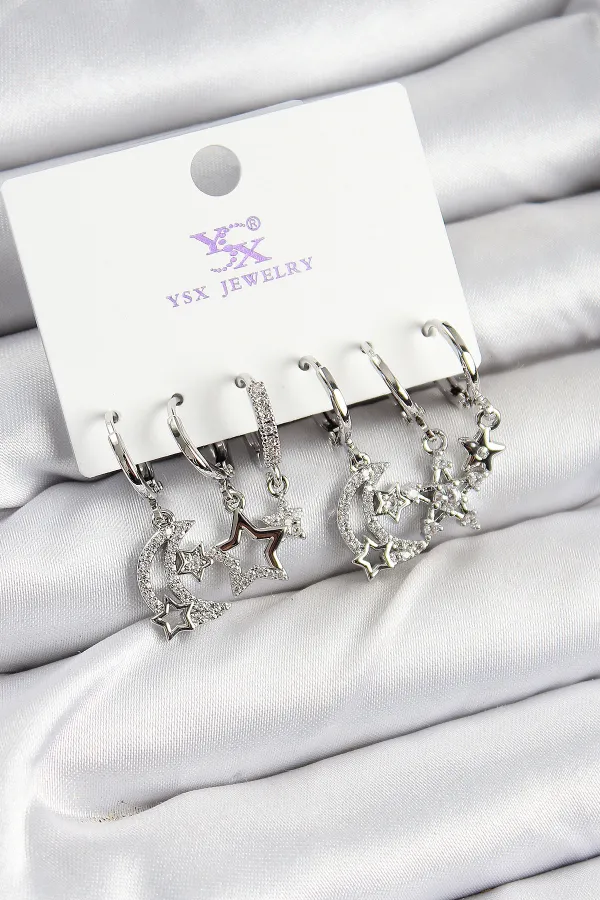 Pirinç Zİrkon Taşlı Ay ve Yıldız Model Gümüş Renk 3'lü Çift Kadın Küpe