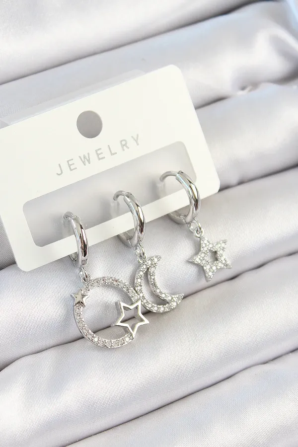 Pirinç Zirkon Taşlı Ay Ve Yıldız Model Gümüş Renk 3'lü Çift Kadın Küpe Set