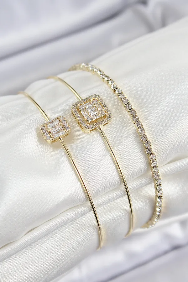Pirinç Zirkon Taşlı Baget Model Gold Renk Vip 3'lü Kadın Bileklik