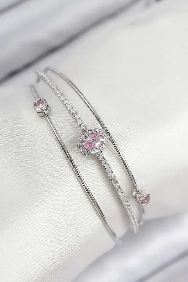 Pirinç Zirkon Taşlı Baget Model Gümüş Renk Kadın Bileklik