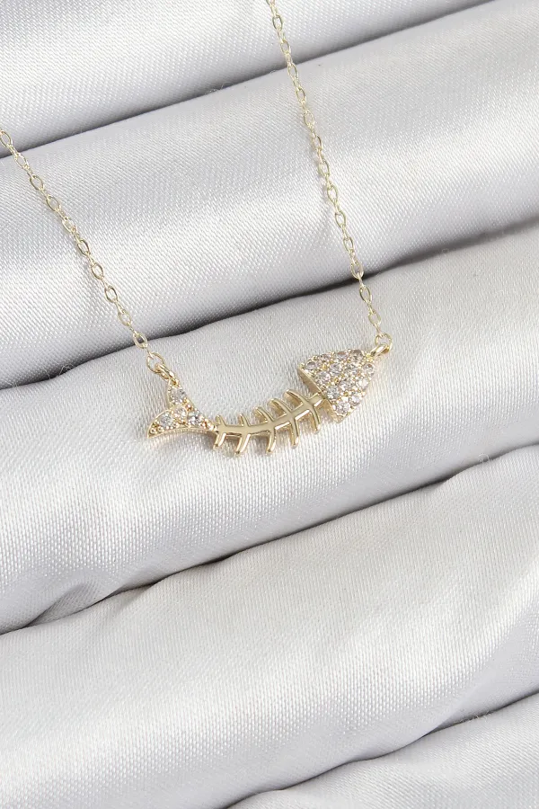 Pirinç Zirkon Taşlı Balık Kılçığı Model Gold Renk Kadın Kolye