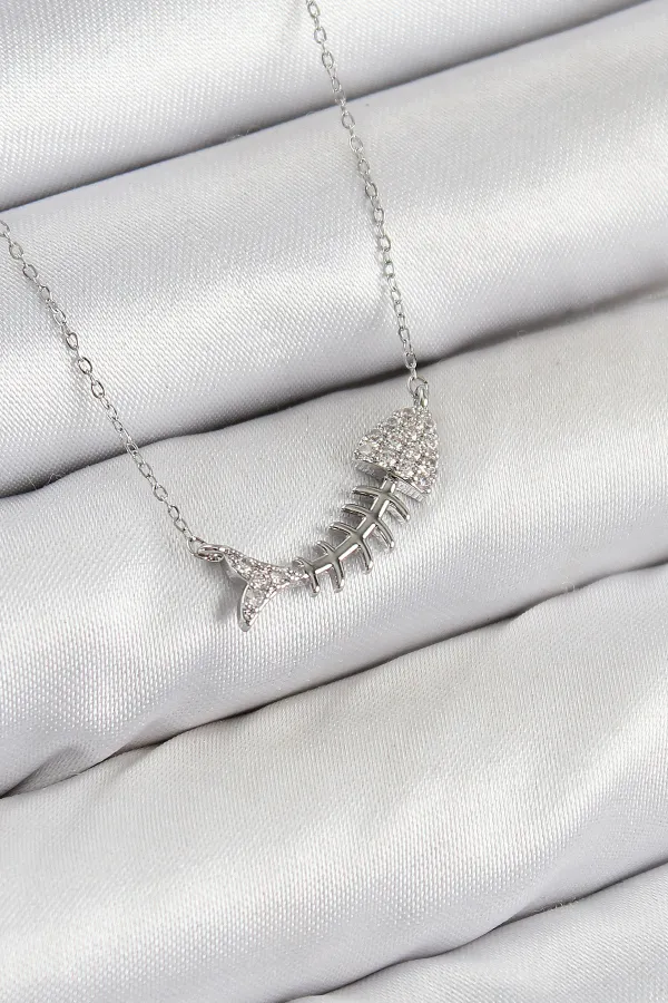 Pirinç Zirkon Taşlı Balık Kılçığı Model Gümüş Renk Kadın Kolye