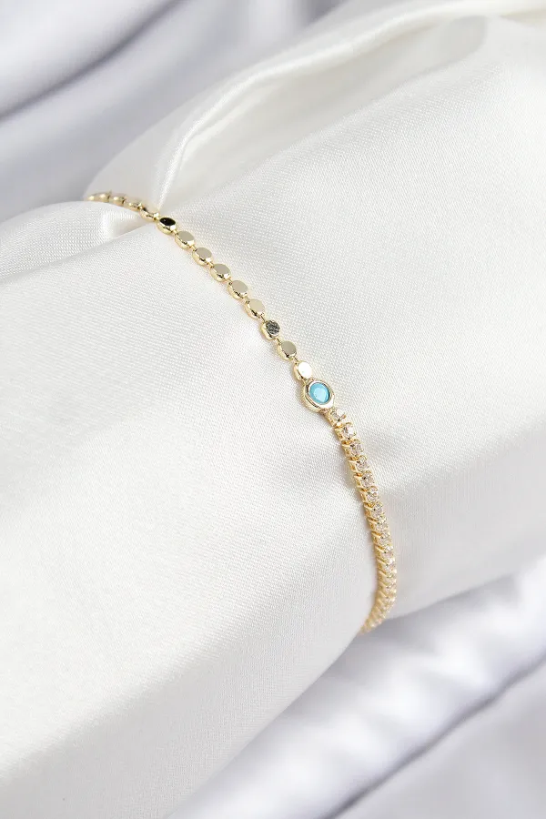 Pirinç Zirkon Taşlı Boncuk Model Ezme Zincir Gold Renk Kadın Bileklik