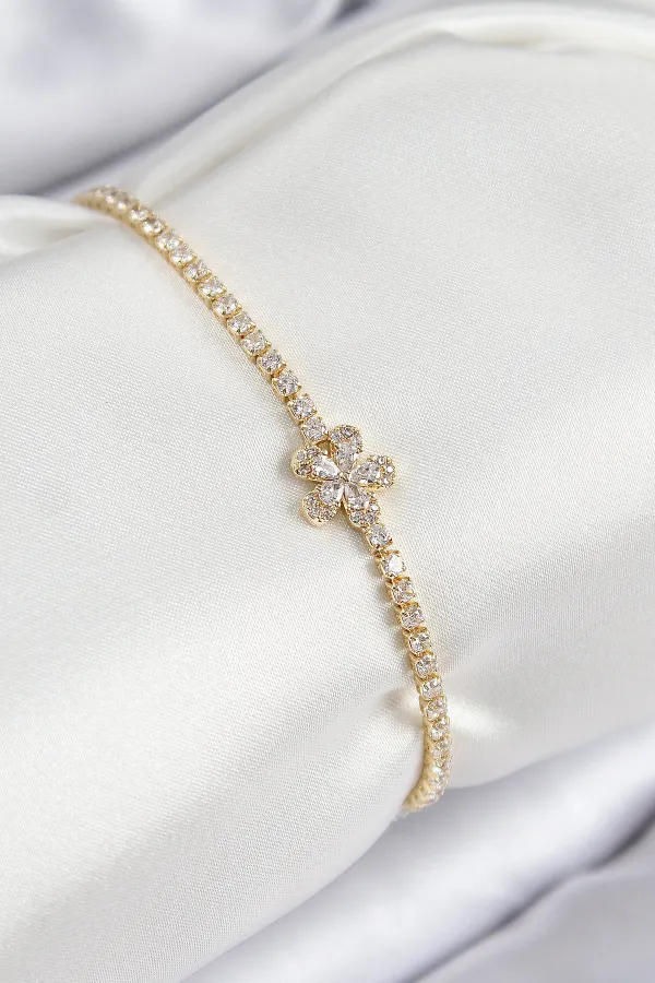 Pirinç Zirkon Taşlı Çiçek Model Gold Renk Kadın Bileklik