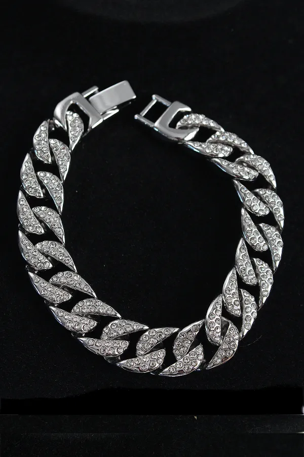 Pirinç Zirkon Taşlı Cuba Gurmet Model Gümüş Renk Erkek Bileklik