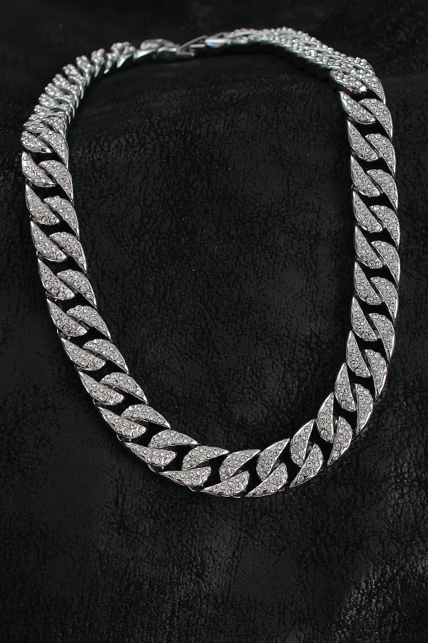 Pirinç Zirkon Taşlı Cuba Gurmet Model Gümüş Renk Erkek Kolye