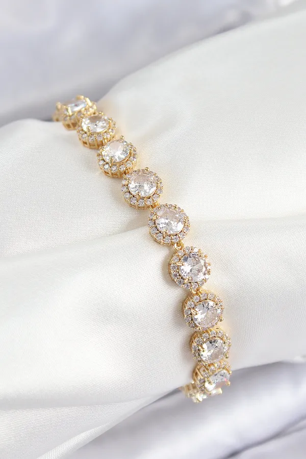 Pirinç Zirkon Taşlı Daire Baget Model Gold Renk VIP Seri Kadın Bileklik