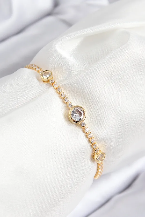 Pirinç Zirkon Taşlı Daire Model Gold Renk Asansörlü Kadın Bileklik