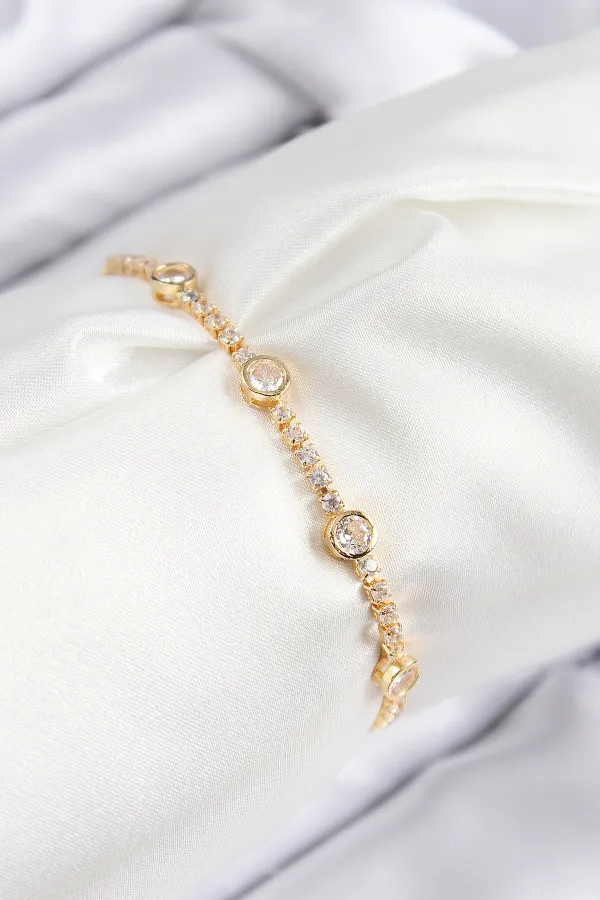 Pirinç Zirkon Taşlı Daire Model Gold Renk Asansörlü Kadın Bileklik