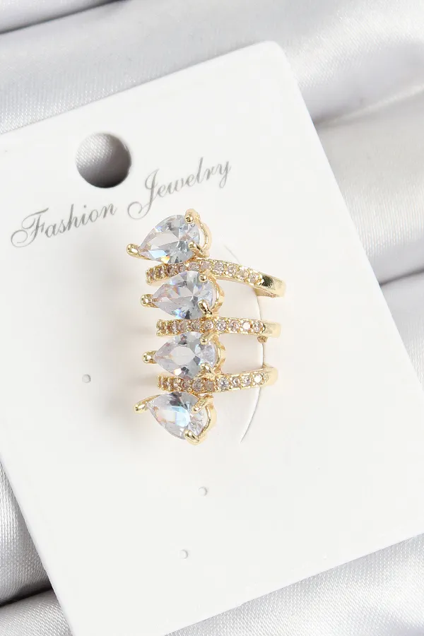 Pirinç Zirkon Taşlı Damla Model Gold Renk Sağ Kıkırdak Küpe