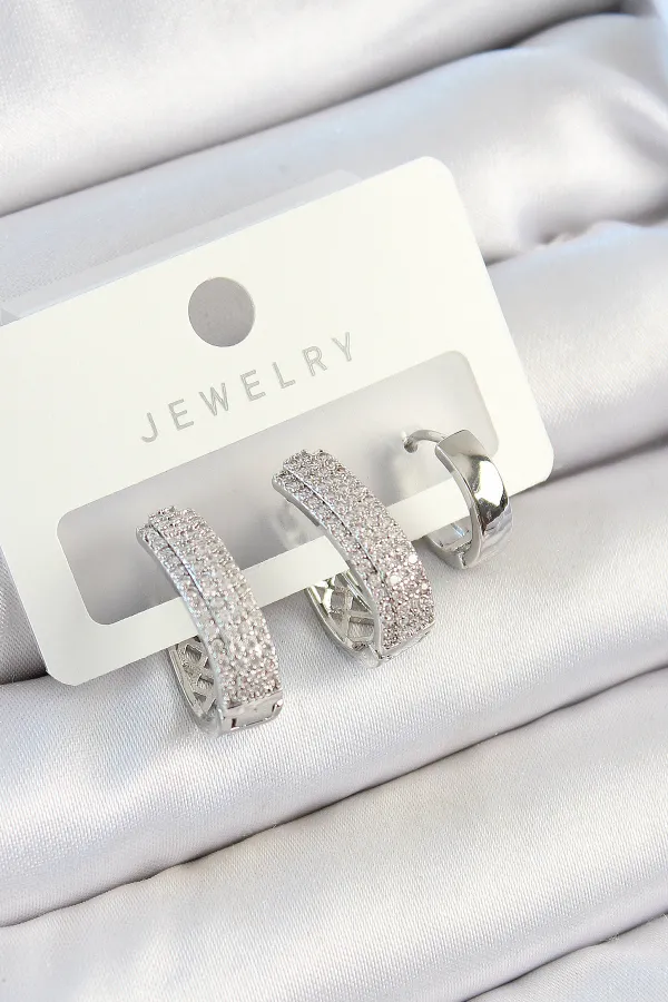 Pirinç Zirkon Taşlı Damla Model Gümüş Renk 3'lü Çift Kadın Küpe Set