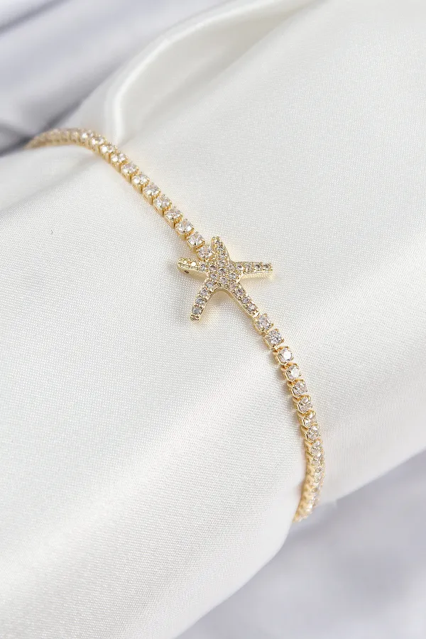 Pirinç Zirkon Taşlı Deniz Yıldızı Model Gold Renk Kadın Bileklik