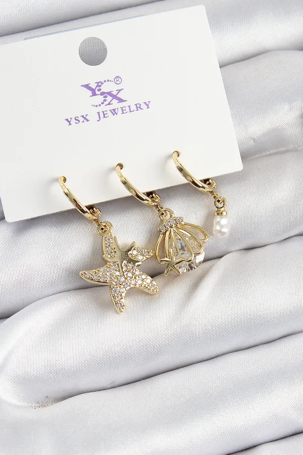 Pirinç Zİrkon Taşlı Deniz Yıldızı Ve İstiridye Model Gold Renk 3'lü Kadın Küpe