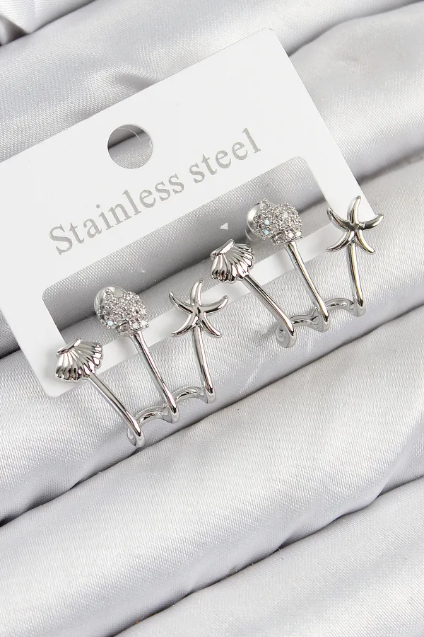 Pirinç Zirkon Taşlı Deniz Yıldızı ve İstiridye Model Gümüş Renk Kadın Küpe