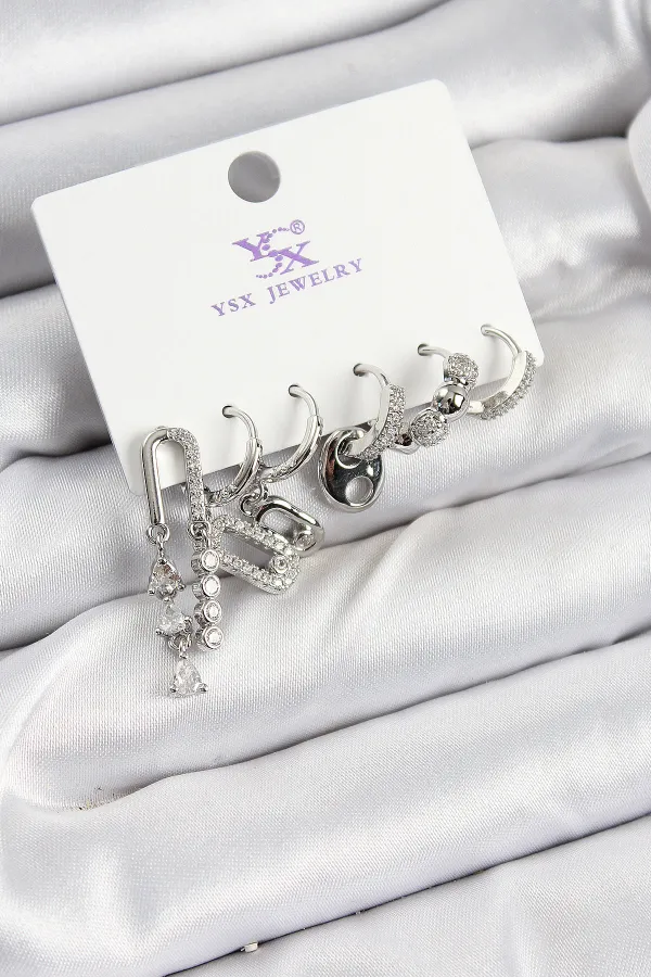 Pirinç Zİrkon Taşlı Dikdörtgen Model Gümüş Renk 3'lü Çift Kadın Küpe