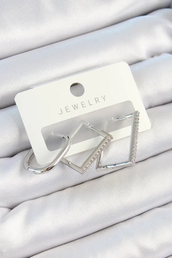 Pirinç Zirkon Taşlı Dikdörtgen Model Gümüş Renk 3'lü Çift Kadın Küpe Set