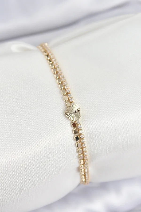 Pirinç Zirkon Taşlı Ezme Zincirli Kalp Model Gold Renk Kadın Bilekilk