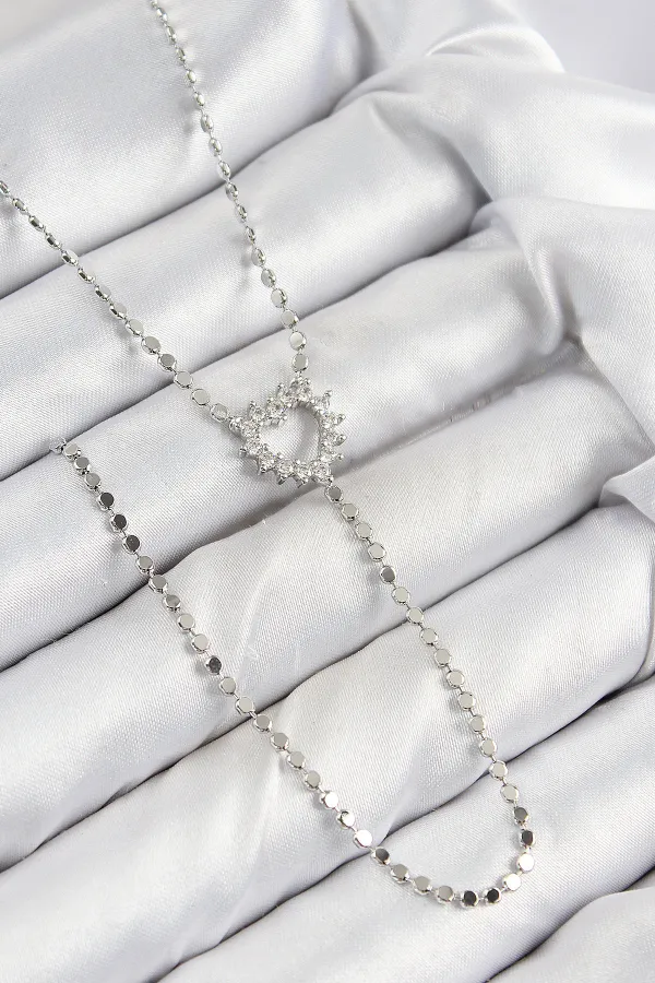 Pirinç Zirkon Taşlı Ezme Zincirli Kalp Model Gümüş Renk Y Kolye