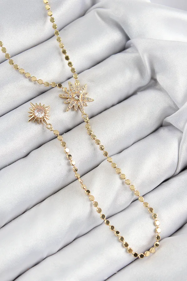 Pirinç Zirkon Taşlı Ezme Zincirli Kutup Yıldızı Model Gold Renk Y Kolye