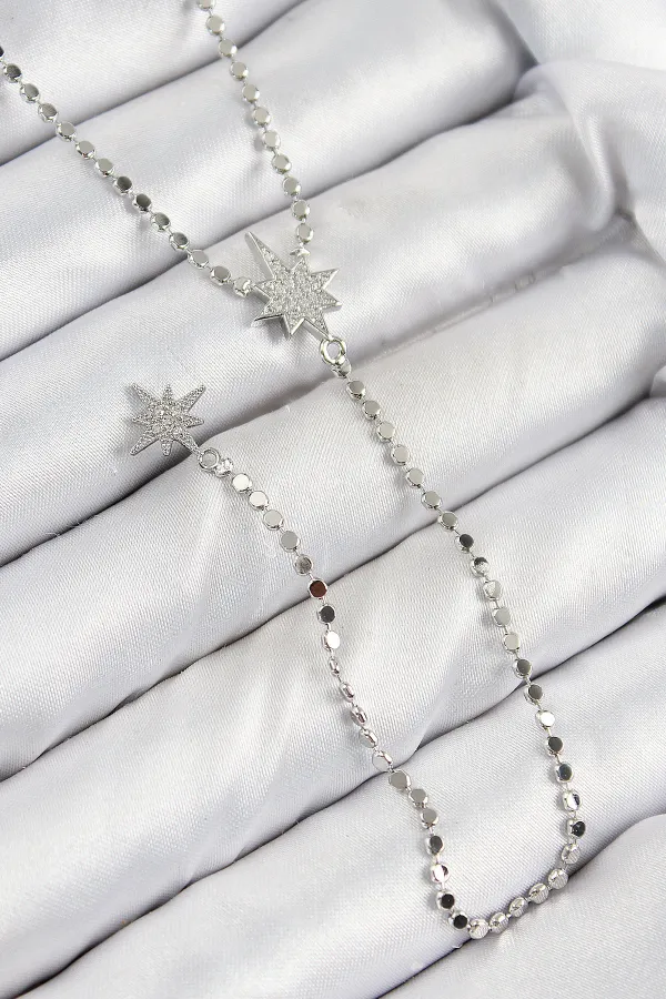 Pirinç Zirkon Taşlı Ezme Zincirli Kutup Yıldızı Model Gümüş Renk Y Kolye