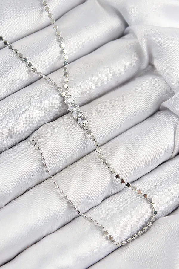 Pirinç Zirkon Taşlı Ezme Zincirli Model Gümüş Renk Y Kolye