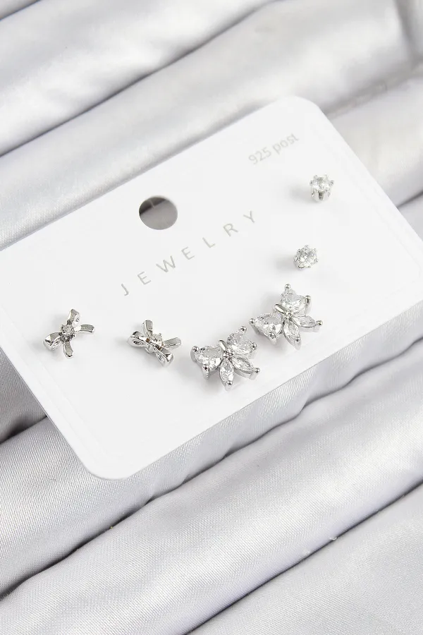 Pirinç Zirkon Taşlı Fiyonk Model Gümüş Renk 925 Ayar Gümüş Çivi Kadın Küpe Set