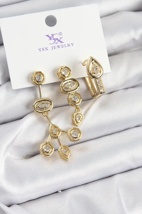 Pirinç Zİrkon Taşlı Geometrik Model Gold Renk 3'lü Kadın Küpe