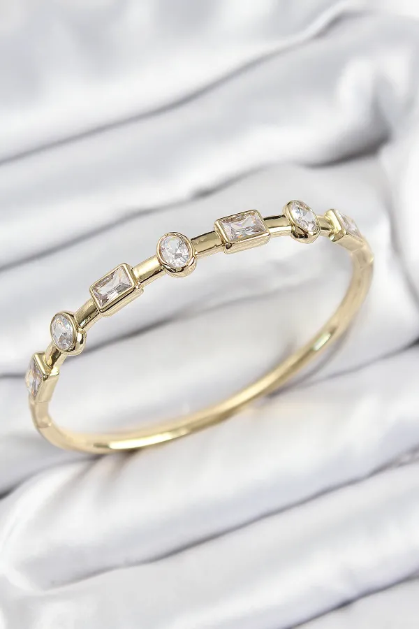 Pirinç Zirkon Taşlı Geometrik Model Model Gold Renk Kadın Kelepçe
