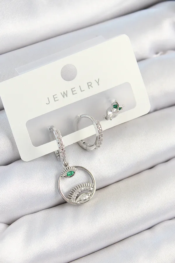 Pirinç Zirkon Taşlı Göz Ve Baykuş Model Gümüş Renk 3'lü Çift Kadın Küpe Set