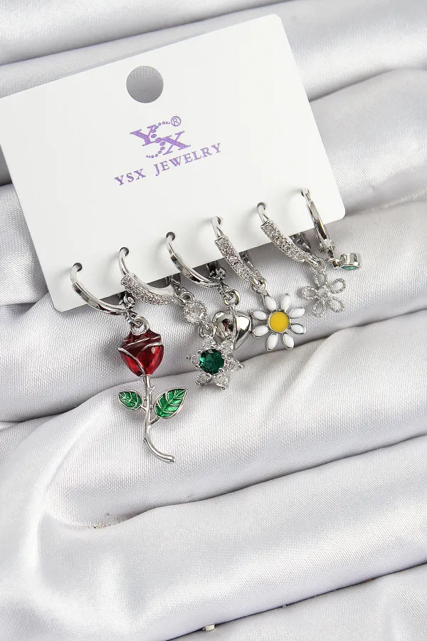 Pirinç Zİrkon Taşlı Gül Ve Papatya Model Gümüş Renk 3'lü Çift Kadın Küpe