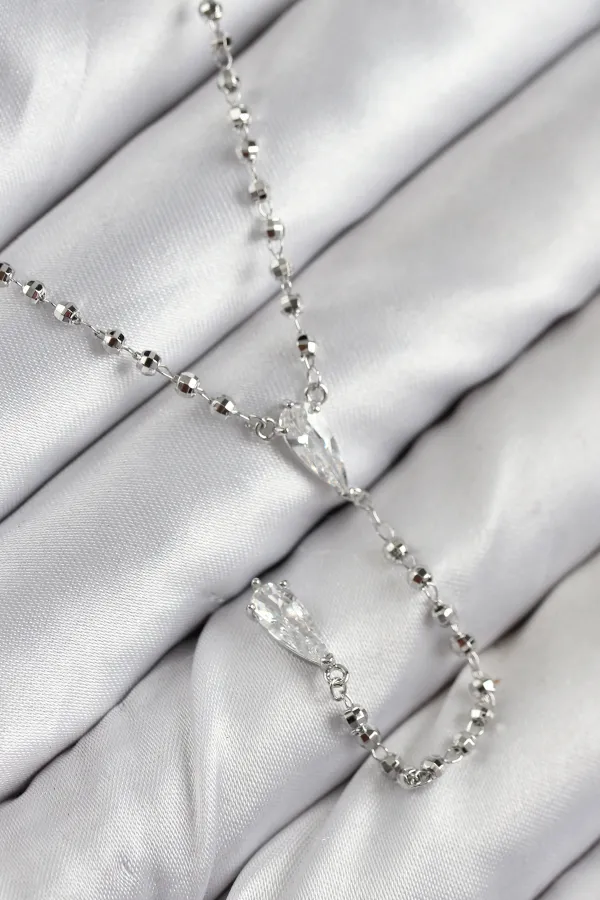 Pirinç Zirkon Taşlı Gümüş Renk Kadın Y Kolye