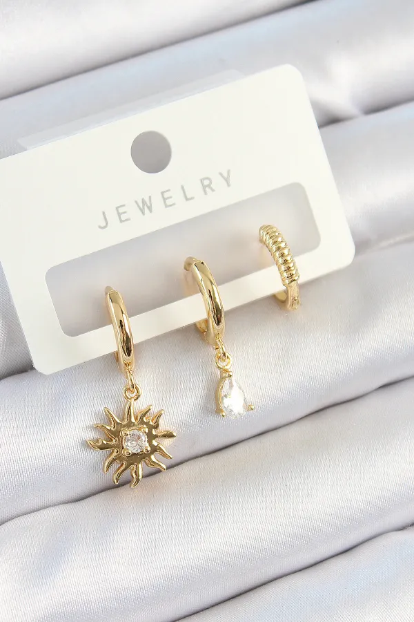 Pirinç Zirkon Taşlı Güneş Model Gold Renk 3'lü Çift Kadın Küpe Set