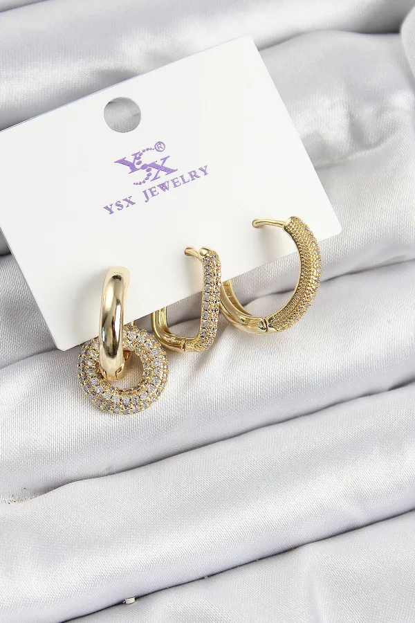 Pirinç Zİrkon Taşlı Halka Model Gold Renk 3'lü Kadın Küpe