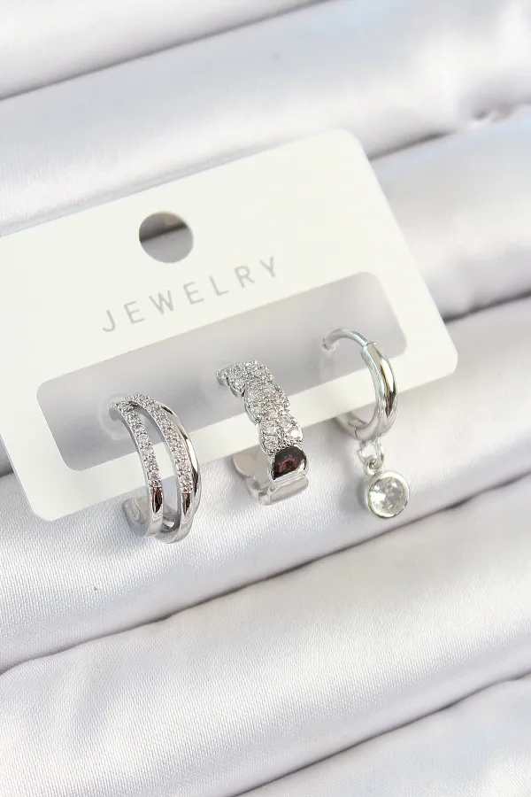 Pirinç Zirkon Taşlı Halka Model Gümüş Renk 3'lü Çift Kadın Küpe Set