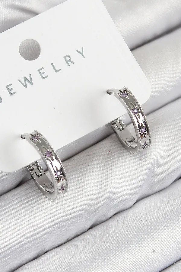 Pirinç Zirkon Taşlı Halka Model Gümüş Renk Kadın Küpe