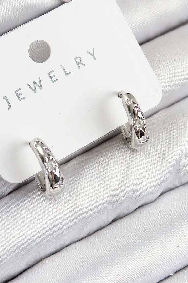 Pirinç Zirkon Taşlı Halka Model Gümüş Renk Kadın Küpe