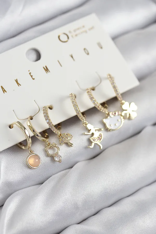 Pirinç Zirkon Taşlı Hello Kity Ve Yonca Model Gold Renk 6'lı Küpe Set