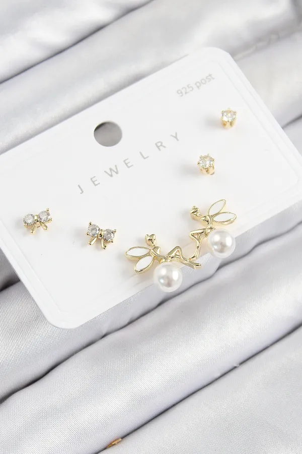 Pirinç Zirkon Taşlı İnci Melek Model Gold Renk 925 Ayar Gümüş Çivi Kadın Küpe Set