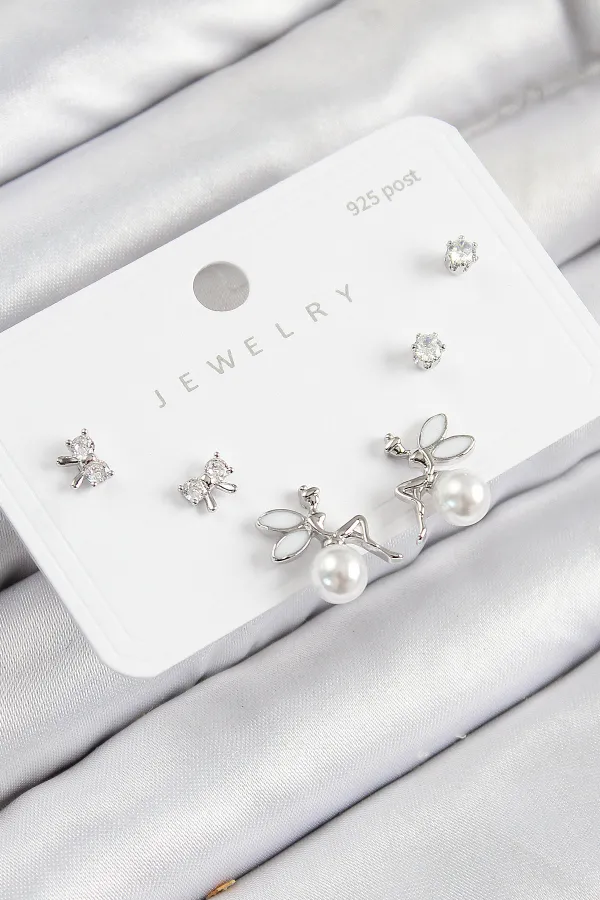 Pirinç Zirkon Taşlı İnci Melek Model Gümüş Renk 925 Ayar Gümüş Çivi Kadın Küpe Set