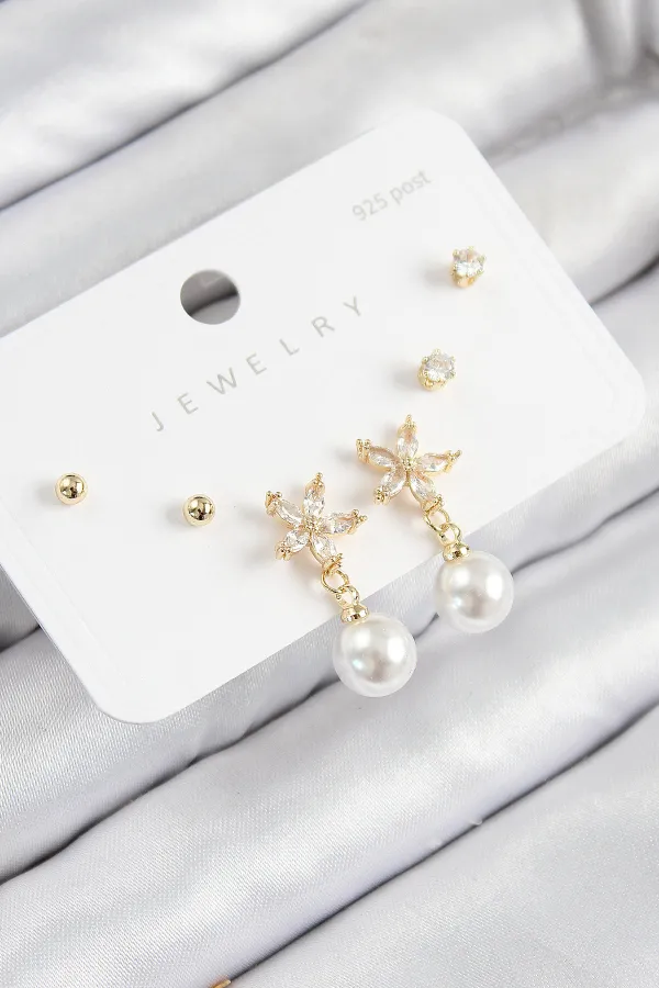 Pirinç Zirkon Taşlı İnci Sallantılı Çiçek Model Gümüş Renk 925 Ayar Gümüş Çivi Kadın Küpe Set