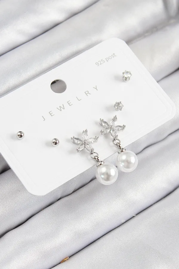 Pirinç Zirkon Taşlı İnci Sallantılı Çiçek Model Gümüş Renk 925 Ayar Gümüş Çivi Kadın Küpe Set
