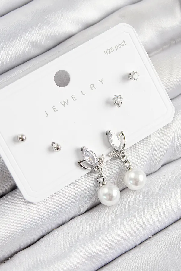 Pirinç Zirkon Taşlı İnci Sallantılı Damla Model Gümüş Renk 925 Ayar Gümüş Çivi Kadın Küpe Set