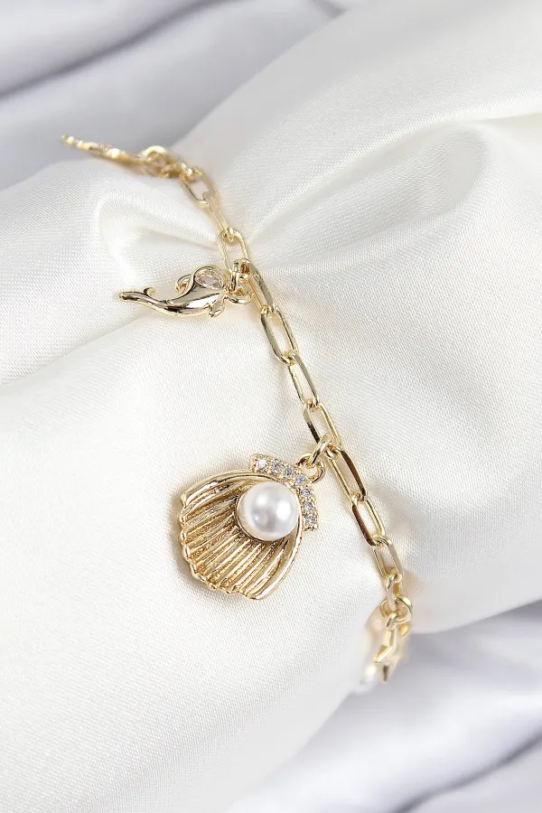 Pirinç Zirkon Taşlı İncili İstiridye Model Gold Renk Kadın Bileklik