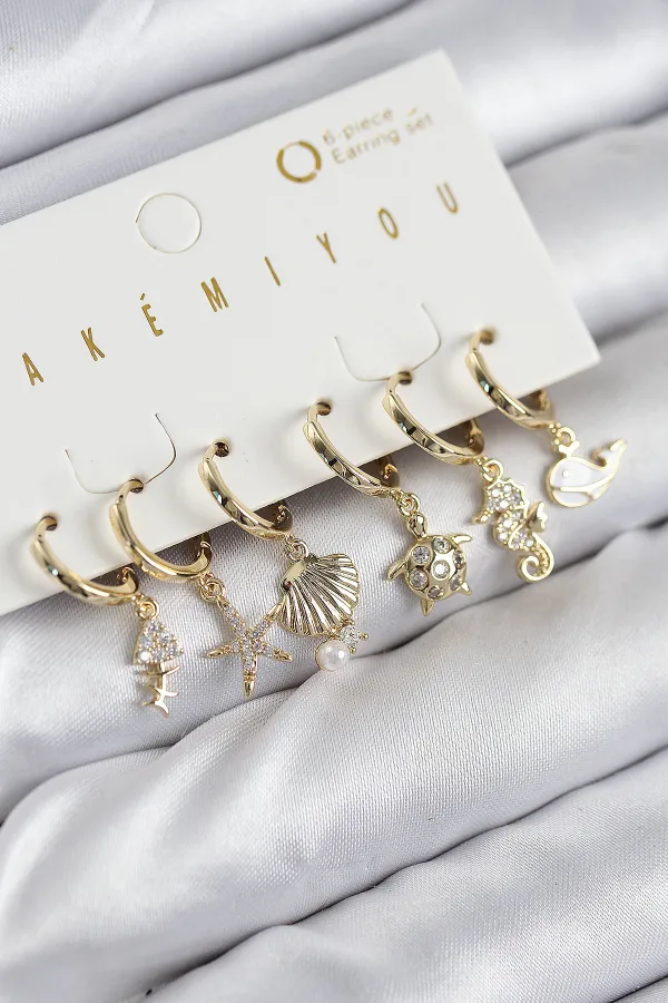 Pirinç Zirkon Taşlı İstiridye Balina Ve Yıldız Gold Renk 6'lı Küpe Set