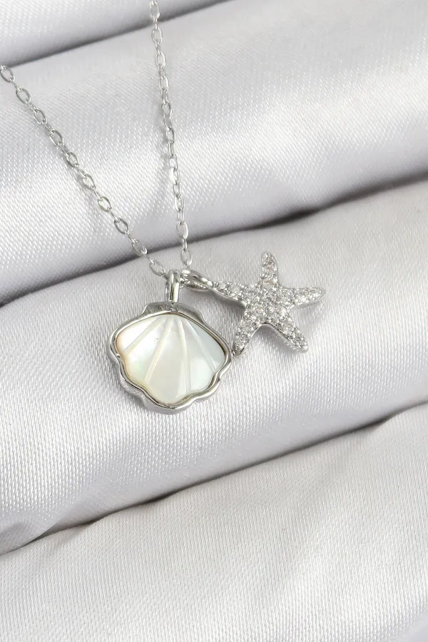 Pirinç Zirkon Taşlı İstiridye Ve Deniz Yıldızı Model Gümüş Renk Kadın Kolye