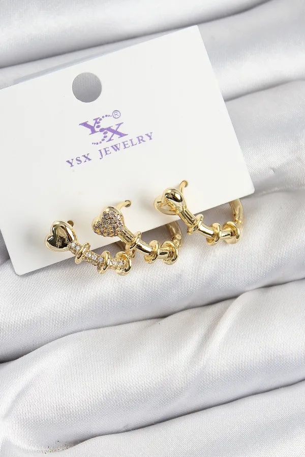 Pirinç Zİrkon Taşlı Kalp Model Gold Renk 3'lü Kadın Küpe