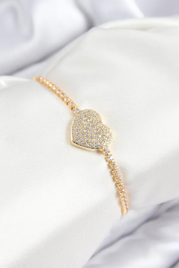 Pirinç Zirkon Taşlı Kalp Model Gold Renk Asansörlü Kadın Bileklik